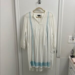 White Embroidered Tunic Dress with Light Blue Trim